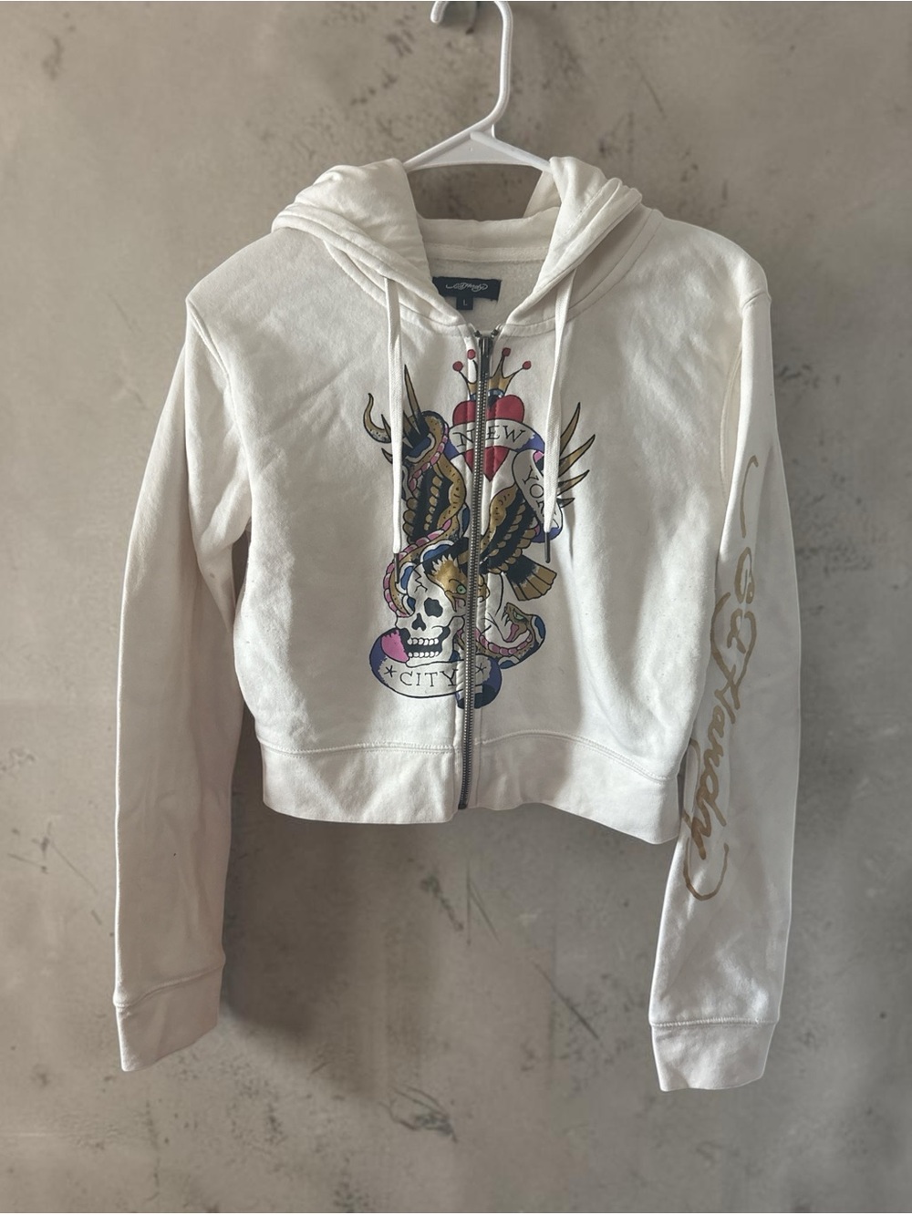 Ed Hardy White Cropped Zip Hoodie with Skull & Snake Graphic